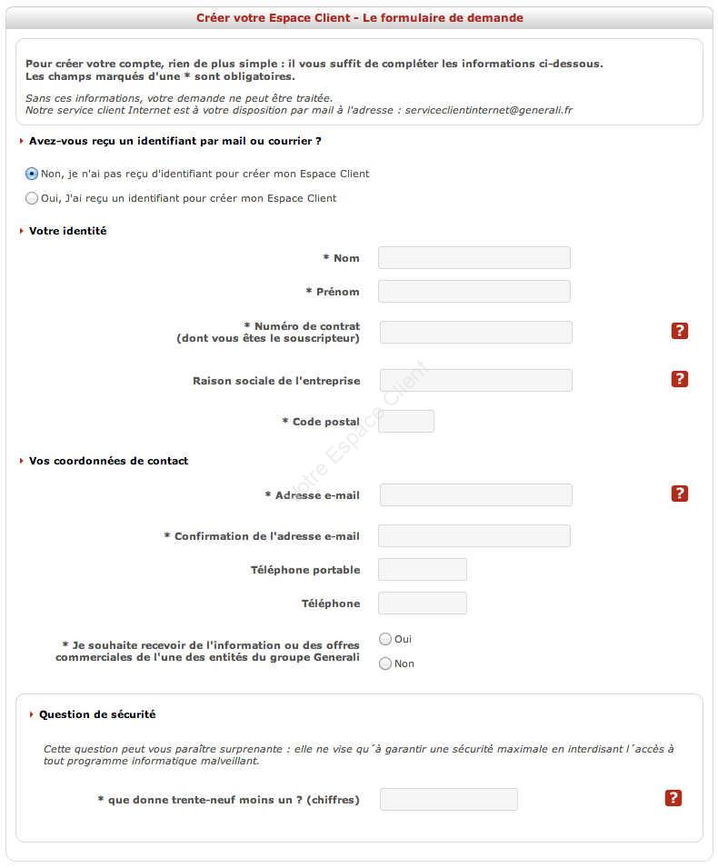 Formulaire pour créer son espace client Generali Assurance