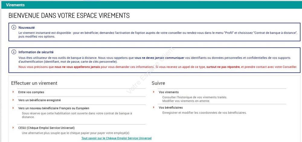 Espace virement Filbanque : opérations bancaires en ligne