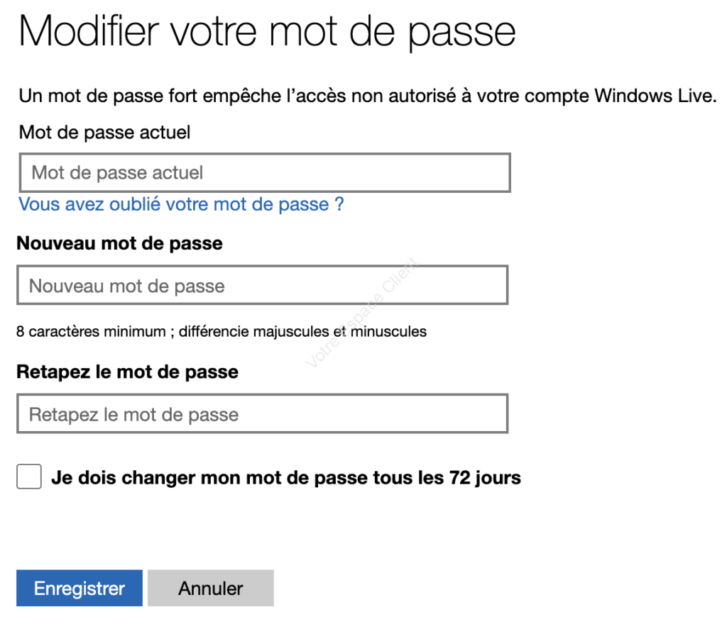 Modifier le mot de passe Microsoft